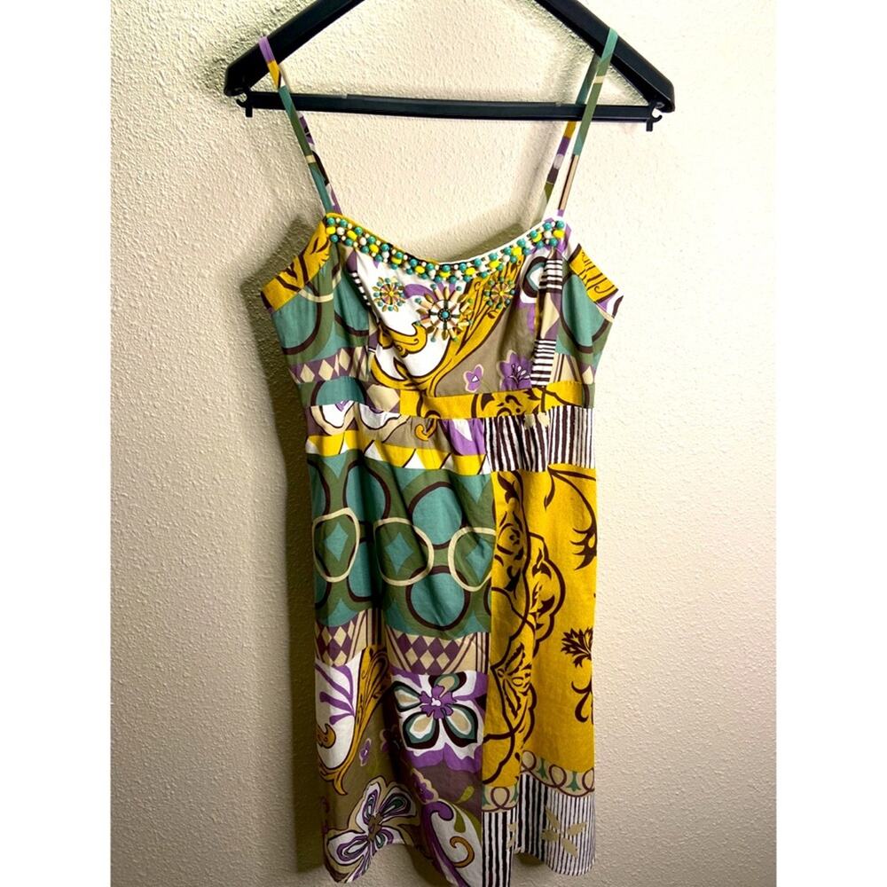 CAbi Women Patchwork Tank Top Beaded Bohemian Style Dress Size 8
